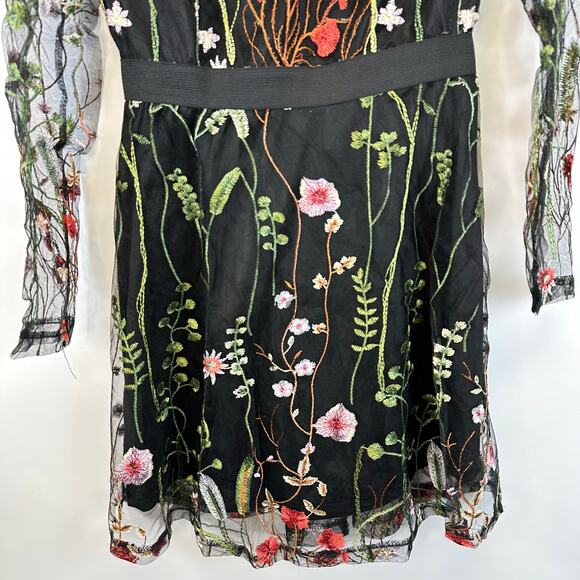 Black Midi Sheer Sleeve Embroidered Floral Knee Length Dress Womens Size Small - Picture 11 of 14